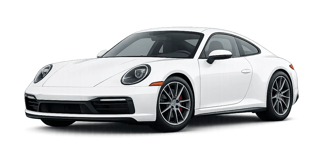 White luxury sports car with sleek curves and alloy wheels on a black background.