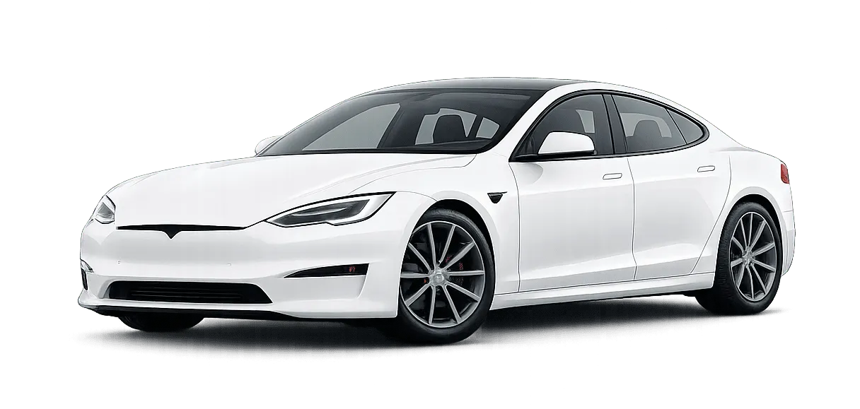 White Tesla Model S electric car angled front right with black roof and alloy wheels.