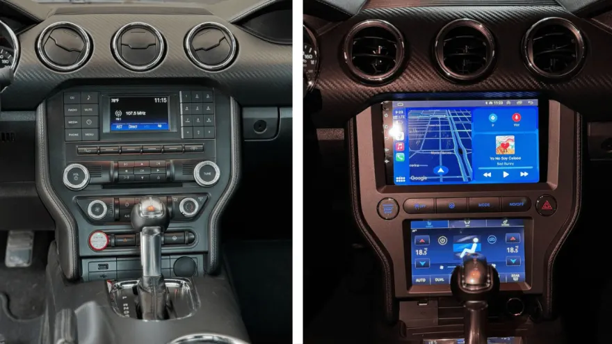 Interior of a BMW car featuring a steering wheel, manual gear shift, and center console controls.