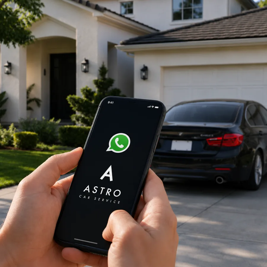 Person holding phone with app to book interior car wash appointment in front of black sedan and house.