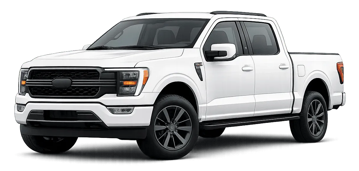 White crew cab pickup truck angled from front left with black grille and trim.